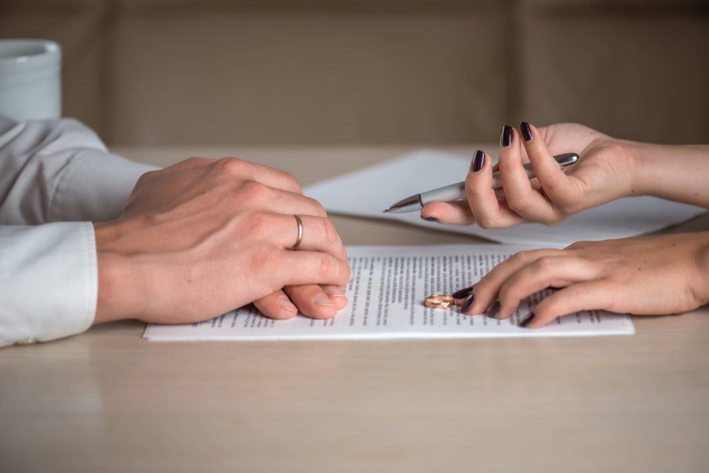Wife and husband signing divorce documents, woman returning wedding ring Premarital Agreements and the Family Business