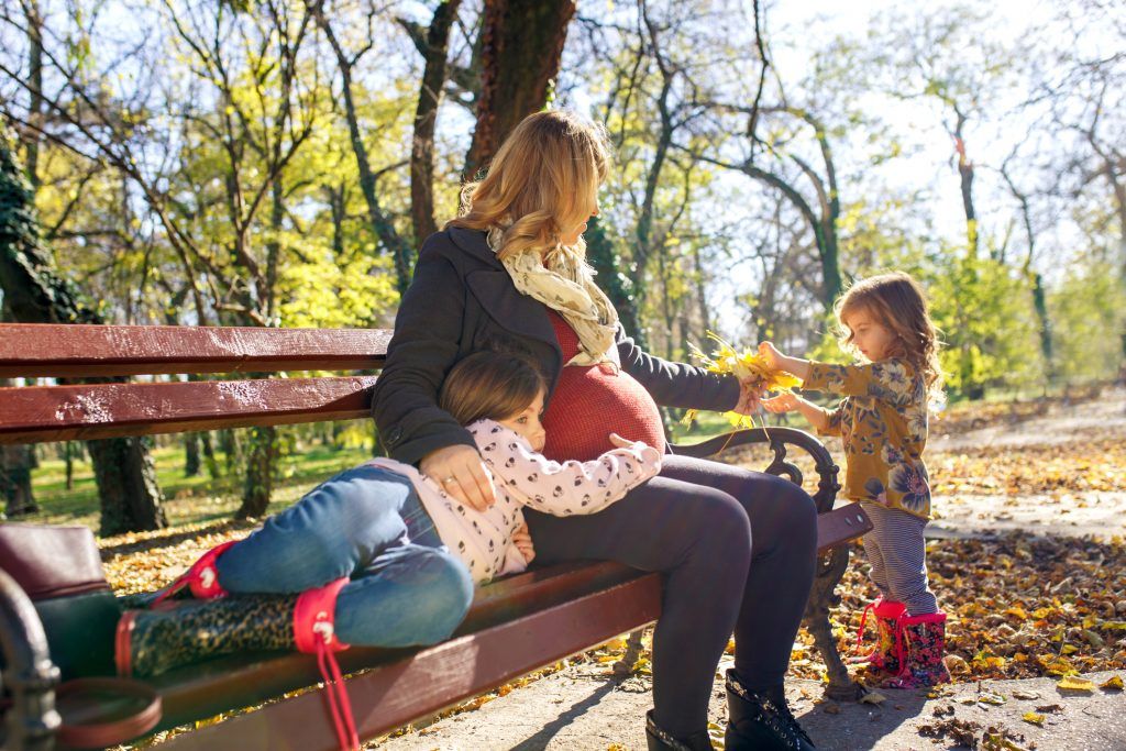 Pregnant mother enjoying with her two daughters in park on sunny autumn day. North Carolina Court Considers Whether Income Should Be Imputed to Mother of Small Children